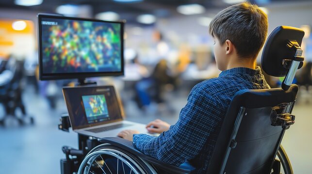 Boy in a wheelchair using a laptop connected to a large monitor in a busy environment.