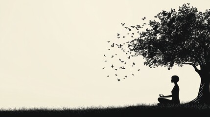 banner template with a silhouette meditating under a tree, illustrating the concept of a mindfulness session