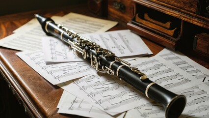 Clarinet and Sheet Music on Antique Desk with Warm Light