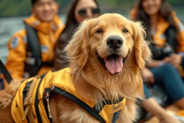 A golden retriever dog wearing a yellow lifeguard vest smiles at the camera while sitting in a boat with other lifeguards