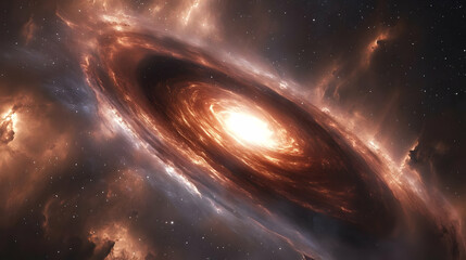 Obraz premium A vibrant spiral galaxy with swirling orange and white gas clouds in deep space.