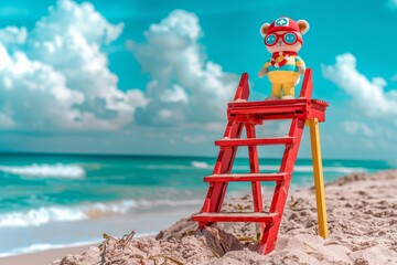 An anthropomorphic dog wearing a lifeguard uniform stands atop a red lifeguard chair on a sandy beach, overlooking the ocean