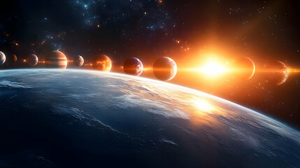 A vibrant sunrise over a distant planet with multiple other planets in the sky.