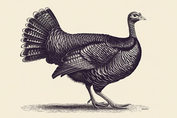 Obraz premium Turkey, sketch. Vintage retro print, turkey sketch ink pencil style drawing, linear drawing for Thanksgiving Day, engrave old school. Sketch artwork silhouette turkey. Side view profile. Illustration