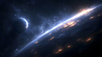 A vibrant, blue planet with a glowing horizon and a smaller planet in the distance, all set against a backdrop of a starry night sky.