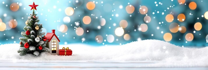 Festive Christmas scene with decorated tree, gifts, and snowy background. Perfect for holiday greeting cards, social media, and seasonal promotions.