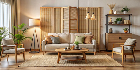 Fototapeta premium Cozy living room interior with beige couch, wooden coffee table,