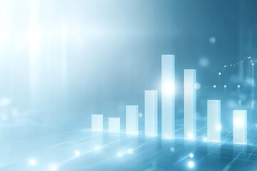 Fototapeta premium Illuminated Business Success - Minimalist Light Blue Background with Glowing Bar Chart Symbols Representing Financial Growth and Futuristic Performance