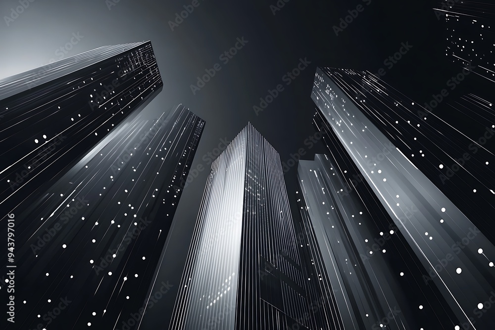 Poster illuminated corporate structures - modern abstract design with glowing white building symbols on dar