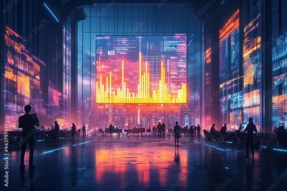Poster silhouetted figures observe a neon-lit data visualization in a modern office