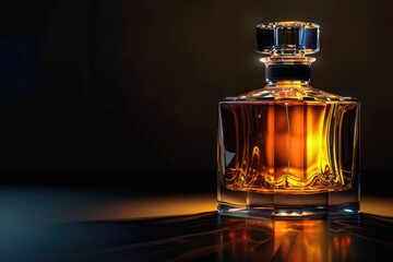 Luxury men`s perfume in bottle against black background  space for text
