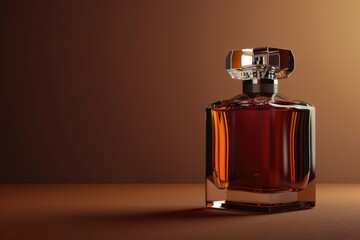Luxury mens perfume in bottle on brown background with space.