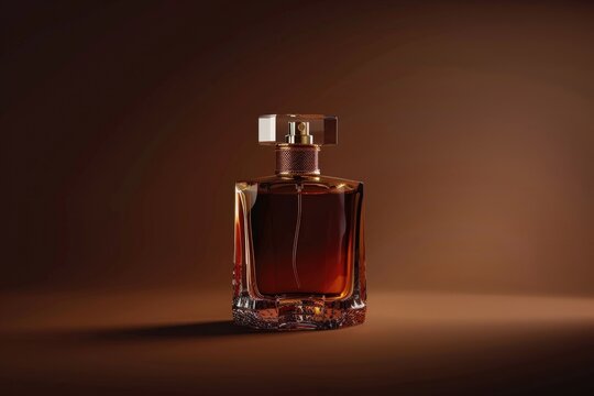Luxury mens perfume in bottle on brown background with space.