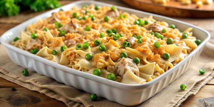 Tuna noodle casserole economical retro dish. Home cooks families on tight economy budgets in the 1950s and continues to be a nostalgic favorite dish.