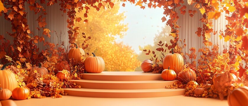 Thanksgiving Empty Podium leaves and pumpkin with Autumnal Decor Festive Harvest Concept Illustration For product presentation