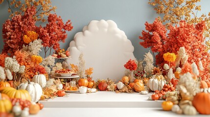 Festive Thanksgiving Scene with Empty Podium leaves and pumpkin and Feast Decor 3D Render of Holiday Celebration For product presentation