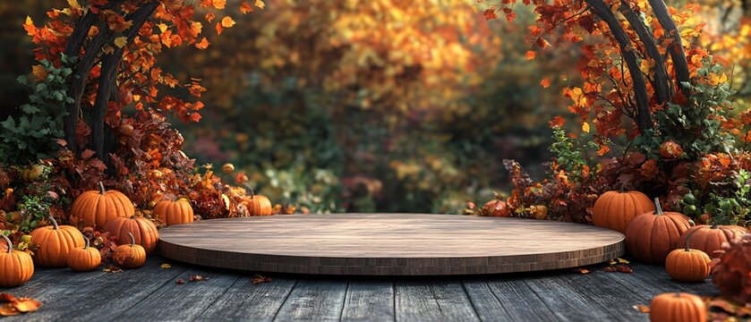 Festive Thanksgiving Empty Podium leaves and pumpkin Ready for Speech Autumnal Setting with Pumpkins and Garlands For product presentation