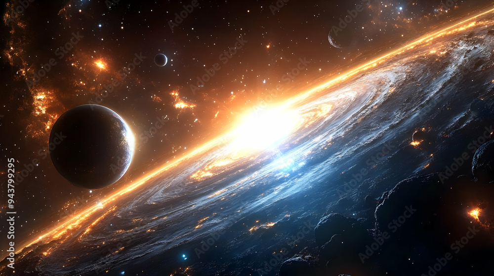 Poster a view from space of a planet with an active galaxy behind it, with bright light shining from the ce