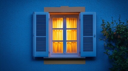 Cozy window with blue shutters glowing at dusk