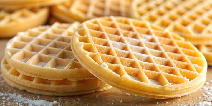 A many waffle baked eggo households favored frozen eggo waffles. Waffles as background. Banner, closeup.