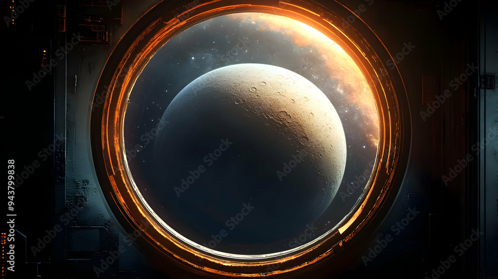 Poster a view of a distant planet through a spaceship window.