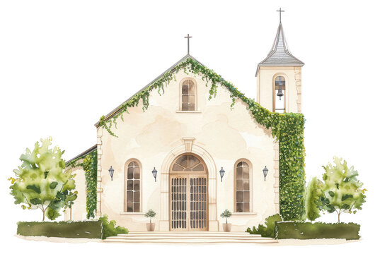 watercolor church building with green vines and trees clip art preview