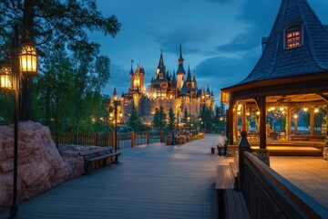 A castle at night in a theme park.