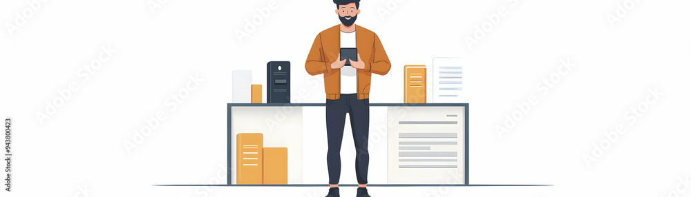 Wall mural Man Updating Mobile Banking App concept as A man updating his mobile banking app on his smartphone with a blank background offering space for additional text or design elements. in  Simple flat vector