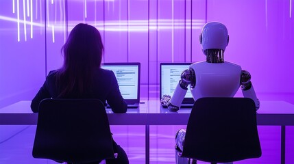 A female employee in an elegant suit and a humanoid AI sit side by side in a chair and work on a laptop. Artificial Intelligence and the concept of people and employment. Purple background