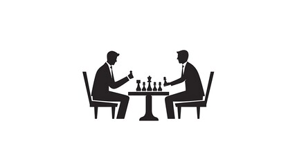 Strategic Chess Move - Minimalist Vector Logo Design of Two People Playing Chess in Formal Attire on White Background