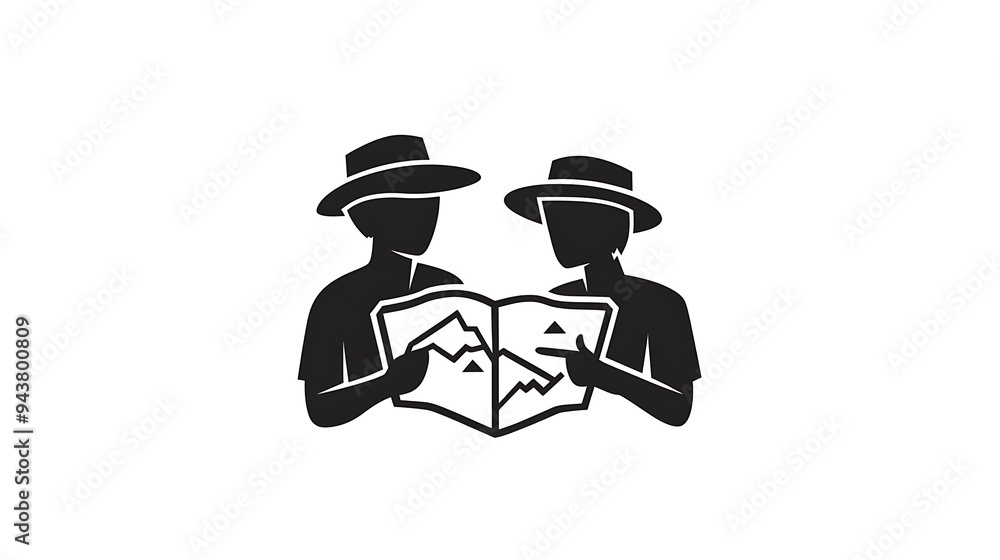 Poster explorers' map - minimalist vector logo design with two figures holding a map in black and white
