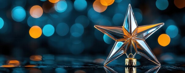 Blue and gold star ornament on black background.