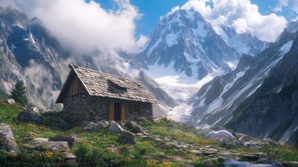 Fototapeta premium A small, cozy hut in the heart of the mountains, surrounded by towering peaks and untouched wilderness, perfect for solitude seekers.