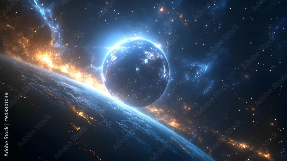 Poster a view of a glowing planet from another planet's surface.
