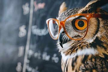A close-up of an owl wearing glasses, looking at something off-screen. The owl appears to be in a classroom setting, possibly teaching