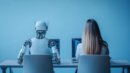 A female employee in an elegant suit and a humanoid AI sit side by side in a chair and work on a laptop. Artificial Intelligence and the concept of people and employment. Blue background