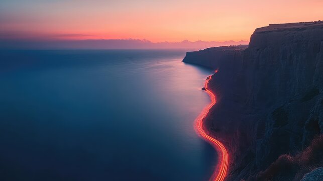 Red light trail tracing a path between the sea and cliffs during a peaceful sunrise, with golden light on the horizon.