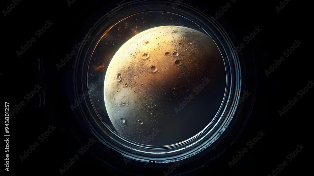 Poster a view of a large, cratered planet through a spaceship window.