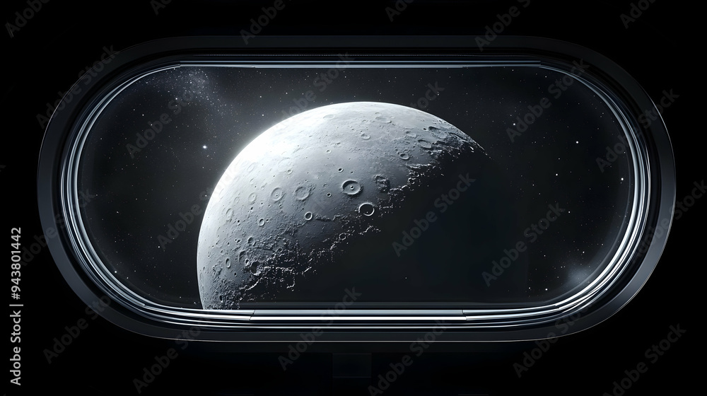 Poster a view of a moon through a spaceship window.
