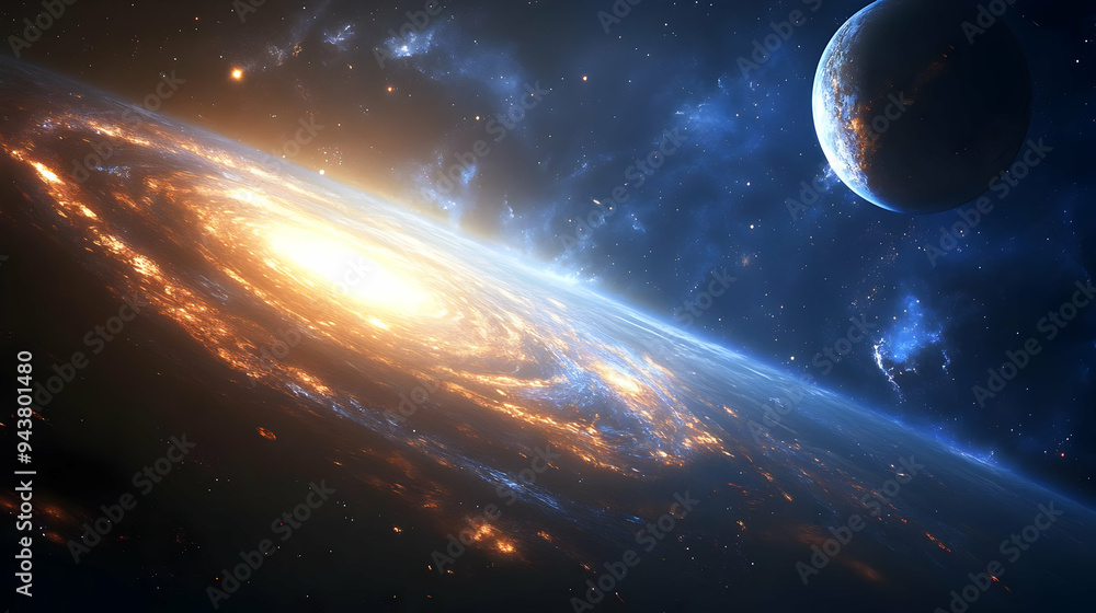 Poster a view of a planet from space with a bright galaxy and a moon.