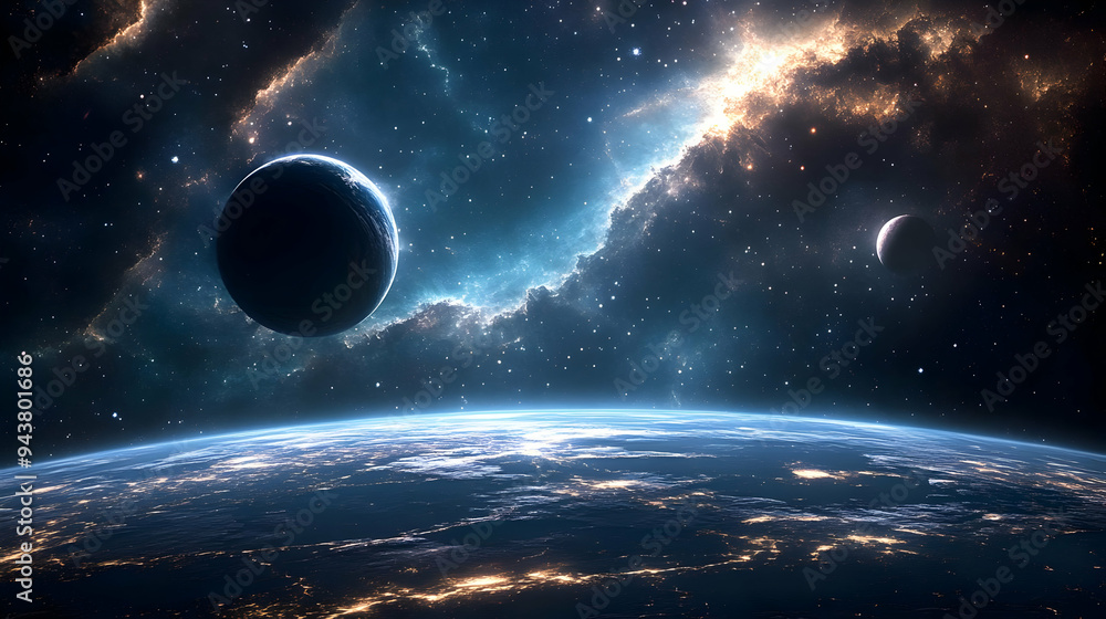 Aufkleber a view of a planet from space with a large nebula in the background.