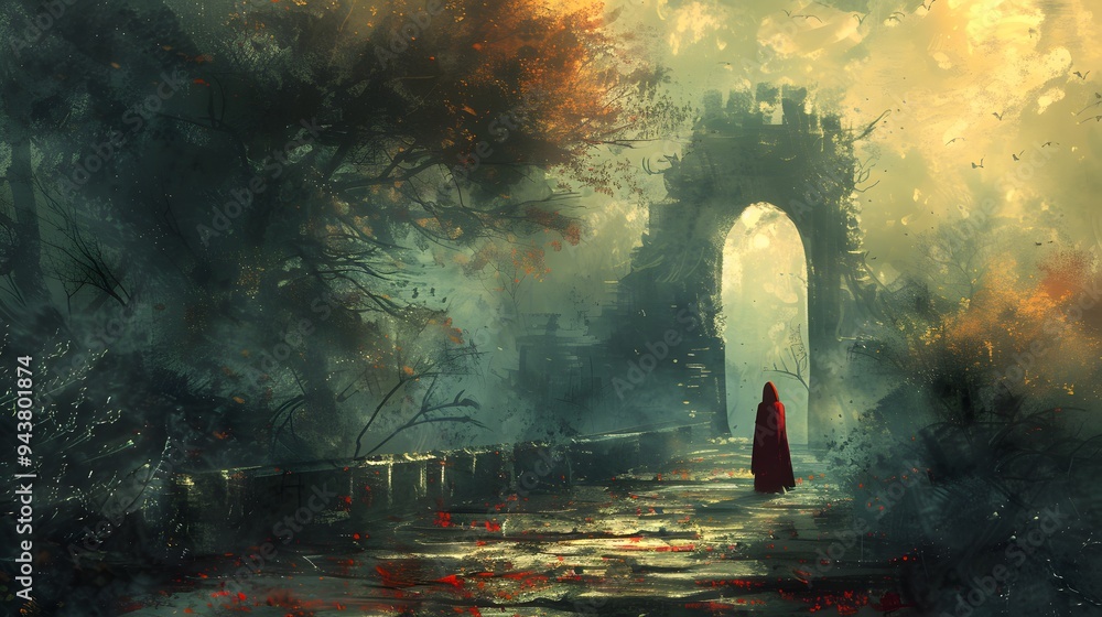 Poster mysterious forest path with red hooded figure.