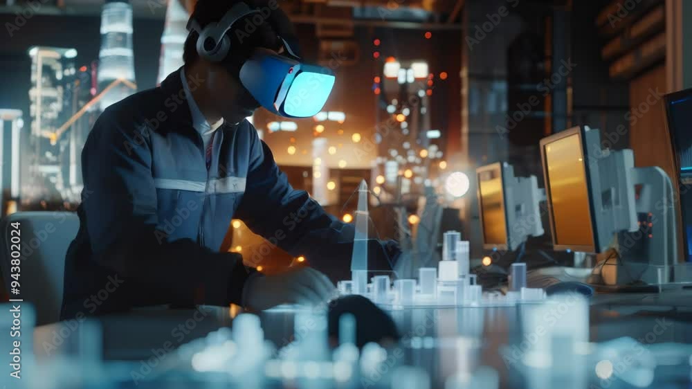 Aufkleber Engineer using a virtual reality headset to interact with a holographic city model in a high-tech control room. Concept of urban planning, advanced engineering 