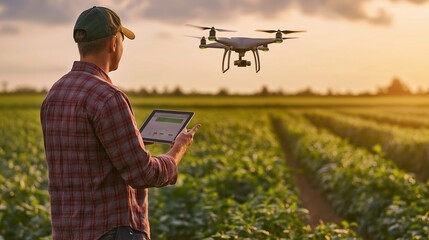 A farmer using a tablet to control a drone over a crop field during a golden sunset.