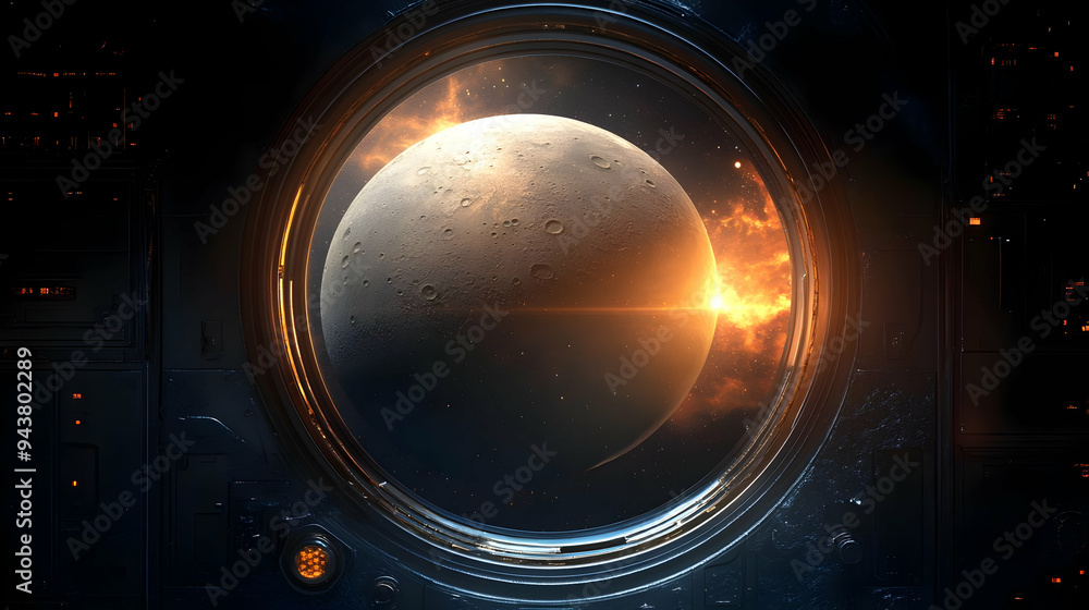 Poster a view of a planet through a spaceship window with a sun rising behind it.