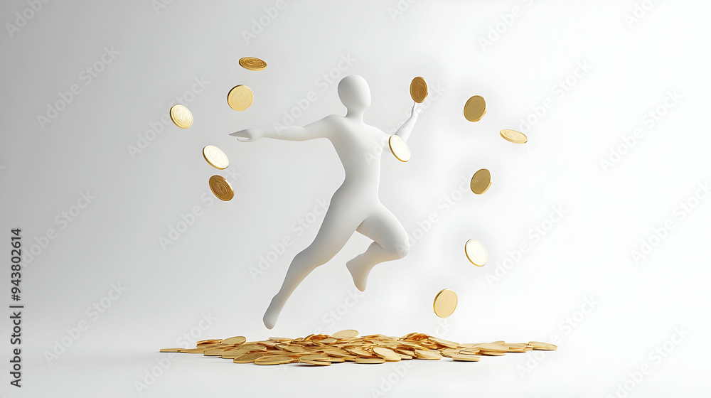 Poster 3d icon person throwing gold coins concept as a person throwing gold coins into the air with a plain