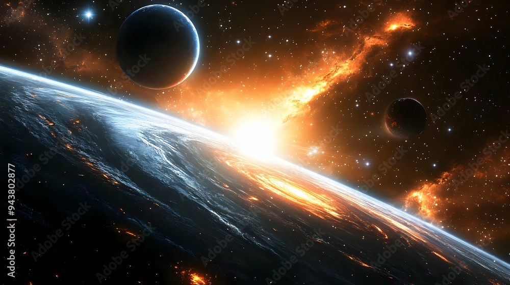 Poster a view of a planet's surface from space with a star system in the background.