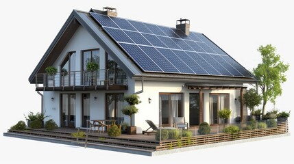 3D model of family house with solar panels on the roof, on transparency background PNG