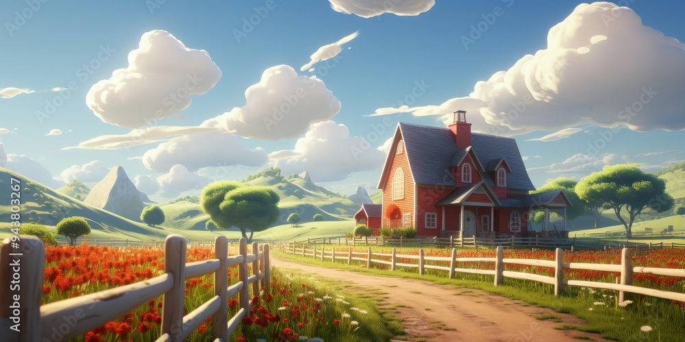 Poster Red House in a Countryside Meadow