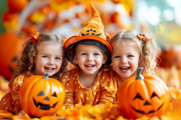 Three joyful children wearing cheerful Halloween costumes and pumpkins sit together in a vibrant autumn atmosphere. The setting is festive and colorful, creating a fun experience